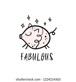 Vector cute little fabulous pig. Poster and banner element, children's book illustration, postcard, gift card, print, sticker, label and other. Isolated on white background.