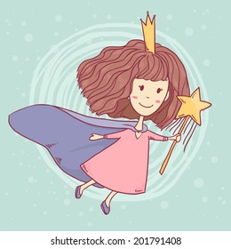 Vector cute little fairy with wand on abstract blue background