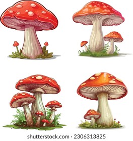 vector cute little families of mushrooms in grass on white background vector illustration