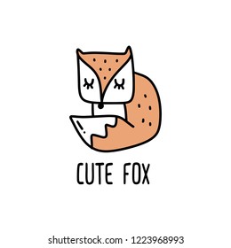 Vector cute little fox label. Poster and banner element, children's book illustration, postcard, gift card, print for t-shirt and more, sticker, label and other. Good for pin or badge. Isolated