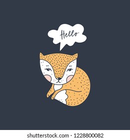Vector cute little fox saying Hello. Poster and banner element, children's book illustration, postcard, gift card, print for t-shirt and more, sticker. Isolated on white background.