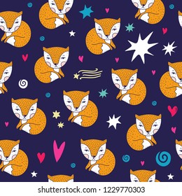 Vector cute little foxes bright colors pattern. Good night nursery theme. Isolated on white background.
