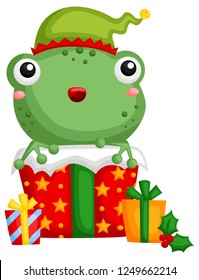 A vector of cute little frog hiding inside a christmas gift box