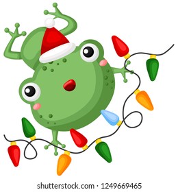 A vector of cute little frog holding a colorful christmas lights 