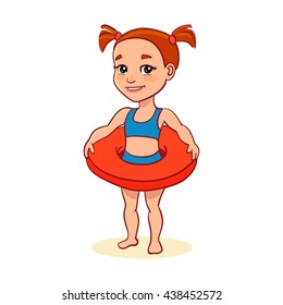 Vector. A cute little girl in a blue bathing suit with red life buoy. Fun redhead girl with pigtails isolated on white. Cartoon character. Swimming. Healthy lifestyle. Water park. Summer.