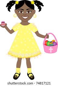 Vector of cute little girl with Easter Eggs and Basket.