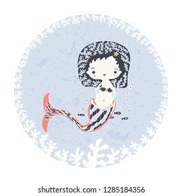 Vector cute little girl mermaid swimming underwater with fish and seaweed. illustration. Hand drawn sealife cartoon character for kids birthday clipart or child ocean fashion motif.