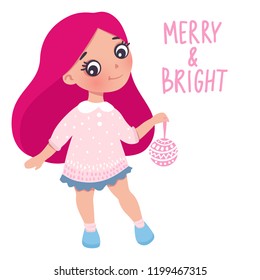 Vector cute little girl with New Year's toy. Cute character. Cartoon illustration. Merry Christmas and Happy New Year 2019 design.