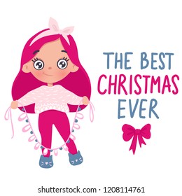 Vector cute little girl with New Year's garland. Cute character. Cartoon holidays illustration. Merry Christmas and Happy New Year 2019 design.