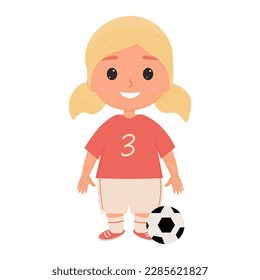 vector cute little girl in sports uniform is standing with a ball. Young athlete