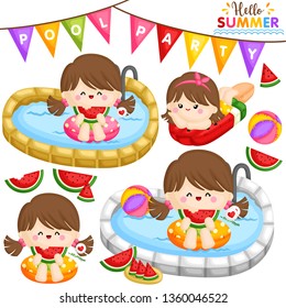A Vector of Cute Little Girls Eating Sweet Watermelon and Partying at the Pool