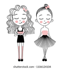 Vector cute little girls. Fashion kids. Cartoon girlfriend. Sketch style. Summer illustration. Line art. Naive art. 