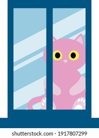vector of cute little kitten outside the window. flat illustration with little pink cat looking out of the window