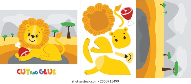 Vector cute little lion sitting on big stone in Africa. Printable collage game for children A4 cut and glue. Africana savanna mountains trees. Wild cat eating meat. Safari cartoon landscape. Lion cub