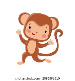 Vector cute little monkey cartoon character. Funny brown chimp, ape baby, zoo animal. African jungle primate animal for kids design.