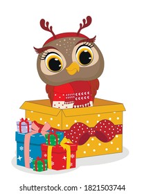 Vector cute little owl illustration . Christmas gift. Birthday gift.  Perfect for greeting cards, party invitations, posters, stickers, pin, scrapbooking, icons.