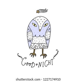 Vector cute little owl and lettering text Good night. Poster and banner element, children's book illustration, postcard, gift card, print for t-shirt and more, sticker, label and other.