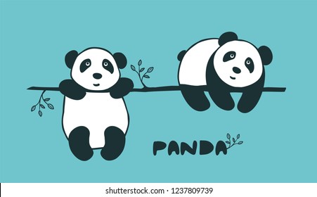 vector  cute little Panda bear on a tree branch in different poses,flat design