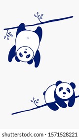 Vector  cute little Panda bear on a tree branch in different poses,flat design