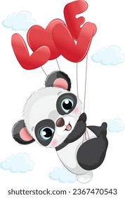 Vector cute little panda flying with love balloon