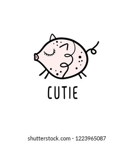 Vector cute little pig. Poster and banner element, children's book illustration, postcard, gift card, print, sticker, label and other. Isolated on white background.