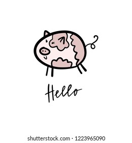 Vector cute little pig saying Hello. Poster and banner element, children's book illustration, postcard, gift card, print, sticker, label and other. Isolated on white background.