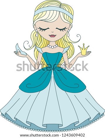 Vector cute little princess Cinderella in blue dress