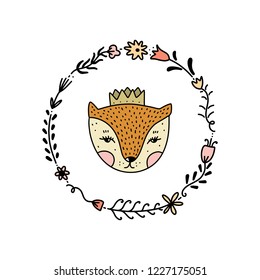 Vector cute little princess fox and boho floral frame. Poster and banner element, children's book illustration, postcard, gift card, print for t-shirt and more, sticker, label and other. Isolated on