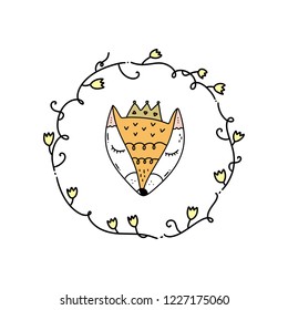 Vector cute little princess fox and boho floral frame. Poster and banner element, children's book illustration, postcard, gift card, print for t-shirt and more, sticker, label and other. Isolated on