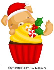 A vector of cute little puppy using Santa hat hiding behind a giant cupcake