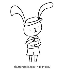 vector Cute little rabbit wearing a hat holding a cup of coffee.