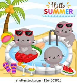 A Vector of Cute Little Seal Playing around at Pool and Surrounded by Food and Drinks