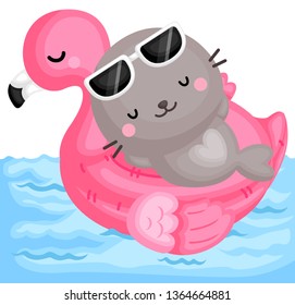 A Vector of Cute Little Seal Relaxing on top of Pink Flamingo Float at the Pool
