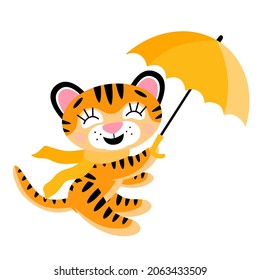 Vector lindo cachorro tigre pequeño, con paraguas naranja y bufanda otoñales, riéndose y sonriendo. Símbolo del Año Nuevo 2022, aislado en fondo blanco