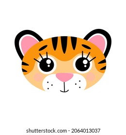 Vector cute little tiger cub head. Symbol of 2022 New Year, isolated on white background. 