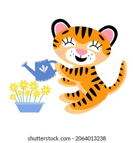 Vectorcute kleine Tigerbecher, Lächeln und gießen Blumen in Topf. Symbol des Neujahrs 2022, einzeln auf weißem Hintergrund. 