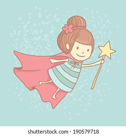 Vector cute little tooth fairy with wand on abstract background