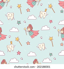 Vector cute little tooth fairy with wand on abstract background with tooth, stars and clouds. Seamless pattern