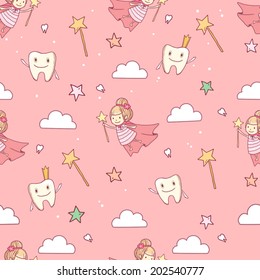 Vector cute little tooth fairy with wand on abstract pink background with tooth, stars and clouds. Seamless pattern