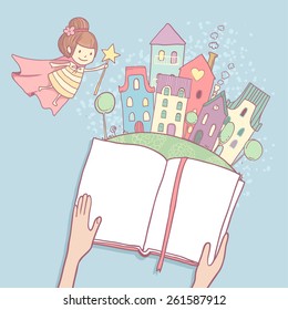 Vector cute little tooth fairy with wand in the city, hands holding fairy tale book with space for your text