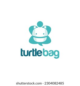 Vector cute little turtle logo with bag on the back. Backpack for learning school tools, enthusiasm for learning