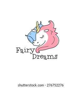 Vector cute little unicorn logo. Cartoon sleeping unicorn logotype. Bed-clothes store sign. 