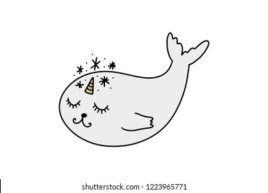 Vector cute little unicorn seal art. Poster and banner element, children's book illustration, postcard, gift card, print for t-shirt and more, sticker, label and other. Isolated on white background.