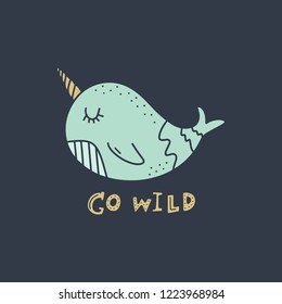 Vector cute little unicown whale, narwhal art. Poster and banner element, children's book illustration, postcard, gift card, print for t-shirt and more, sticker, label and other. Isolated