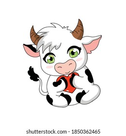 Vector cute little white bull with black spots. Anime chibi cartoon bull on white background with red heart