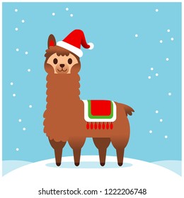 Vector cute llama, alpaca character, Merry Christmas card