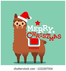 Vector cute llama, alpaca character, Merry Christmas card