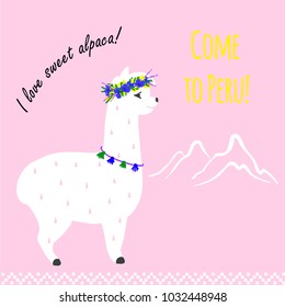 Vector cute llama or alpaca illustration. Funny animal