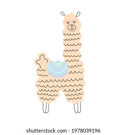 Vector cute llama or alpaca illustration. Funny animal Hand drawn, doodles