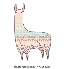 Vector cute llama illustration. Llama or alpaca hand drawn ink sketch. Cute mammal animal drawing with decorative ornaments